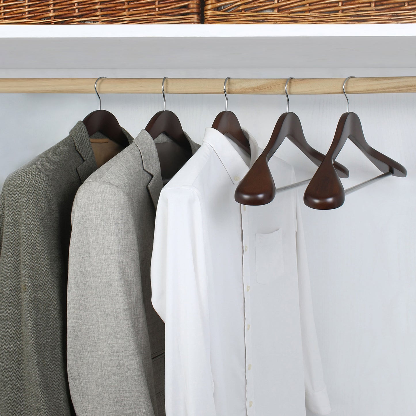 Walnut Brown Wide Shoulder Wooden Hanger With Swivel Hook