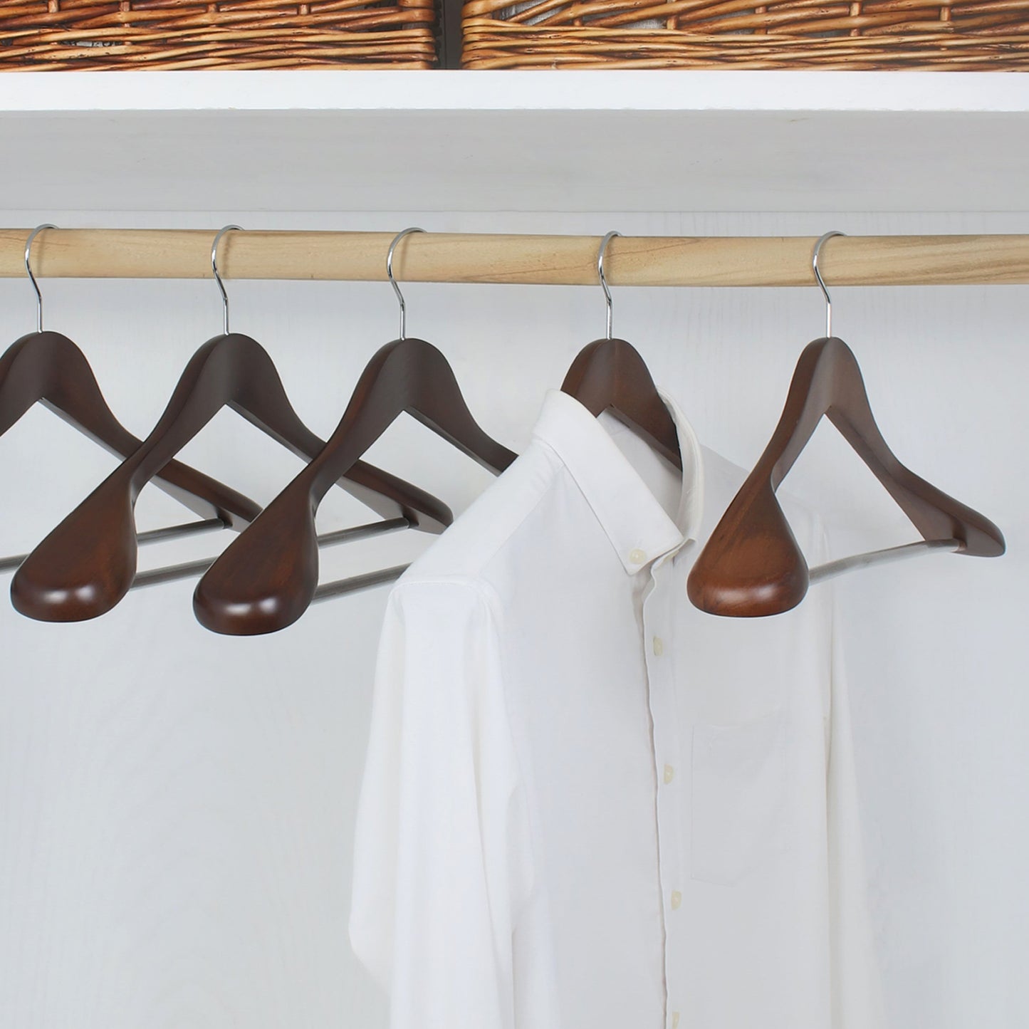 Walnut Brown Wide Shoulder Wooden Hanger With Swivel Hook